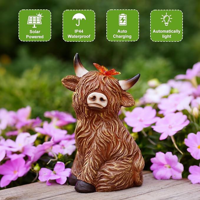 Solar Garden Statue Highland Cow Figurine | Outdoor Decoration with Butterfly for Garden Yard Lawn Home Decor Outside : Unique Gifts for Mom Grandma