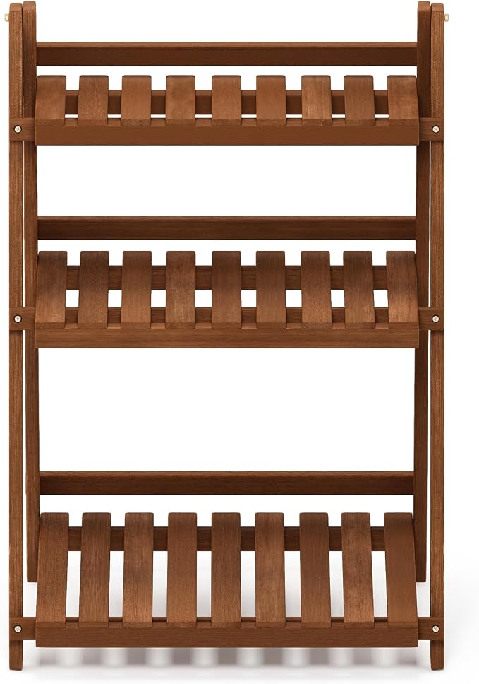 Furinno TIOMAN Plant Stand Outdoor, 3-Tier Ladder Plant Shelf, Tiered Plant Stand Indoor, Outdoor, Patio, Garden, Balcony, Light Wood