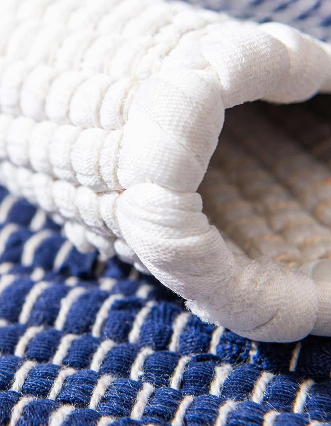 Unique Loom Chindi Rag Collection Area Rug - Striped (10' Square, Navy Blue/ Ivory)