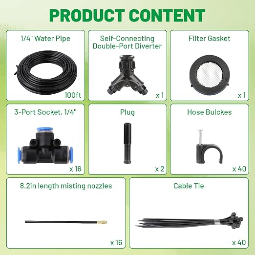 360° Adjustable Micro Drip Irrigation System, 16 Brass Sprinkler Heads & Bendable Stems, Automatic Watering Kit with 1/4" Tubing for Raised Bed, Lawn, Vegetable & Outdoor Plants (100ft)