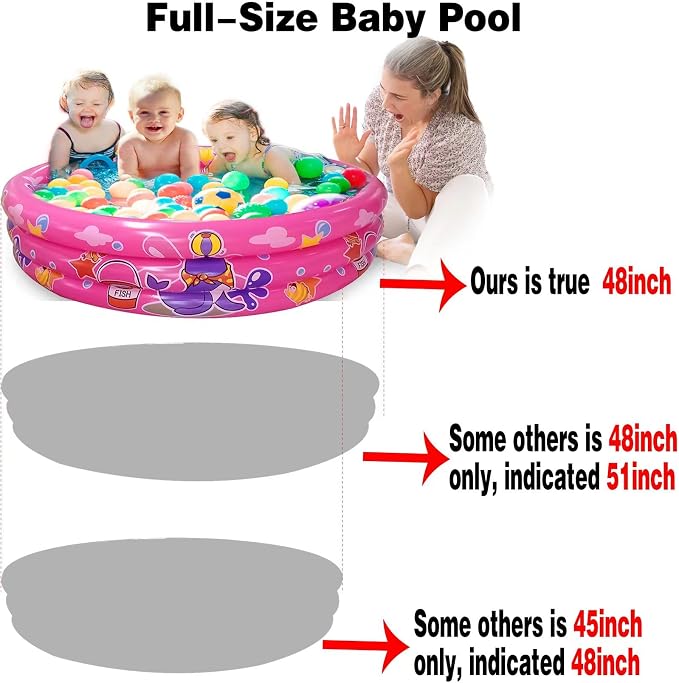 Big Summer 3 Rings Kiddie Pool, 48”X12”, Kids Swimming Pool, Inflatable Baby Ball Pit Pool, Small Infant Pool (Pink)