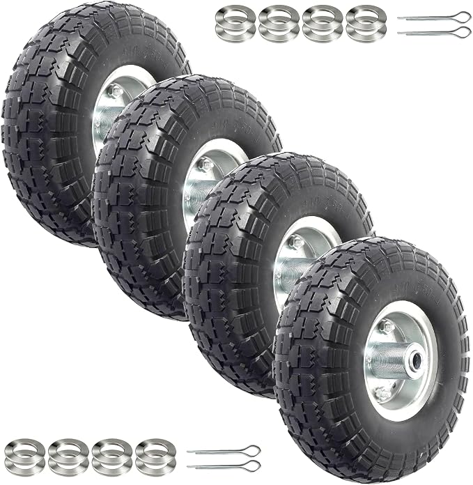 AR-PRO (4-Pack) 10-Inch Solid Rubber Tire Wheels - Replacement 4.10/3.50-4" Flat Free Tire with 5/8" Bearings, 2.2" Offset Hub - Perfect for Lawn Garden Cart, Hand Truck, Wheelbarrow, Utility Cart