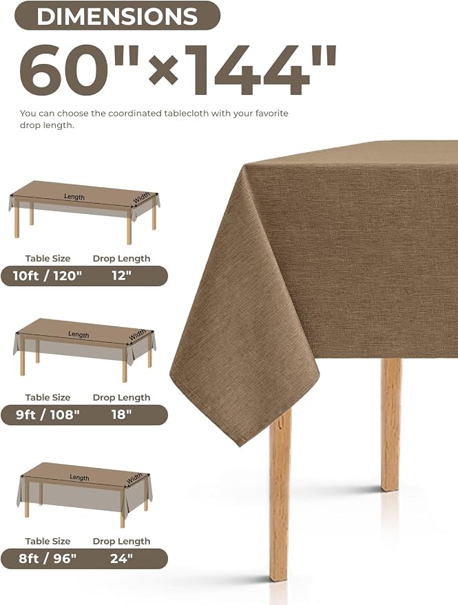 Decorelia Faux Linen Farmhouse Table Cloth 60"x144" for 10 ft Rectangle Table, Coffee Waterproof Outdoor Washable Tablecloth for Rectangular Dining Room Kitchen Outdoor Party Restaurant Table