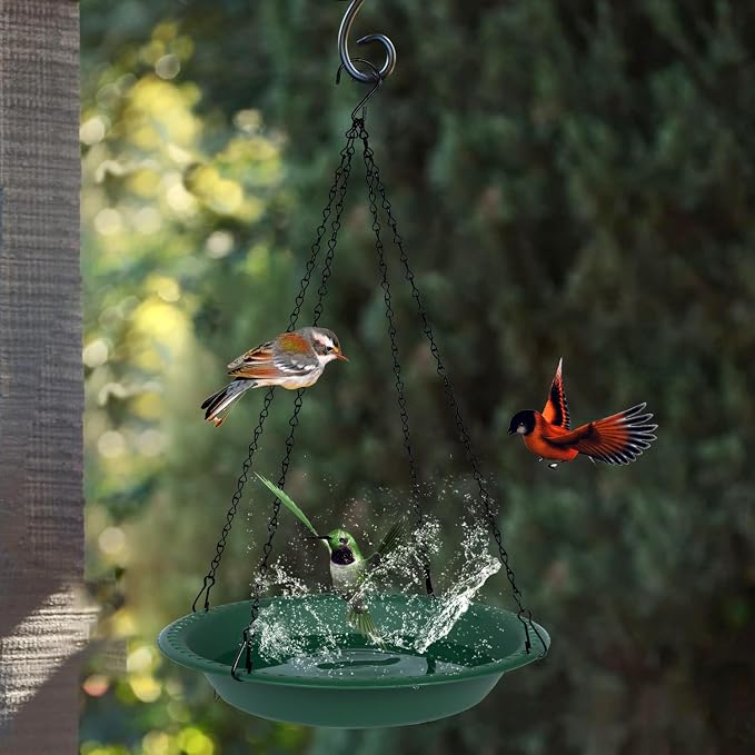 OVZILKI Bird Bath for Outside Heavy Duty, 12 inch Hanging BirdBath Bowl Only with Rust-Proof Chains, Hanging Bird Feeder for Outdoors Water Tray or Bird Seed for Garden Backyard Decor (Green 1 Pack)