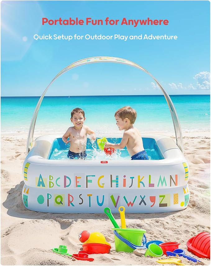 QPAU Baby Pool with Canopy, Inflatable Design, 65 x 39 in, Blue | Inflatable Design with Soft Cushioned Floor, Converts to a Ball Pit for Kids and Toddlers, for Indoor and Backyard Play