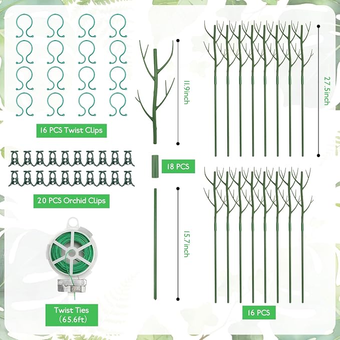 16 Pack Plant Support Stakes 27.5" | Detachable Monstera Climbing Stakes with 20 Orchid Clips & 65ft Twist Ties | Heavy Duty Garden Stakes for Indoor Outdoor Plants