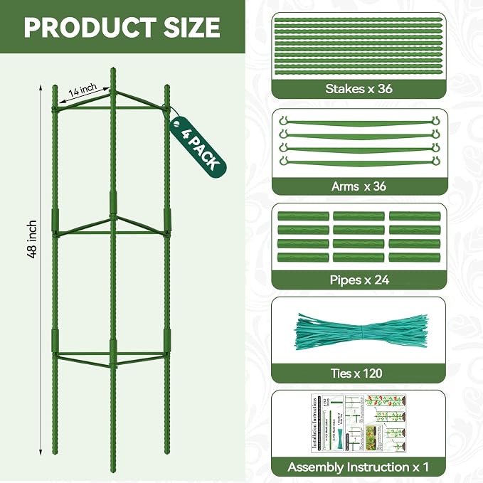 Halatool 4 Pack Tomato Cages for Garden, Up to 48in Adjustable Tomato Cage, Garden Stakes Tomatoe Trellis for Pots, Tomatoes Plant Support for Raised Garden Bed & Climbing Vegetables Flowers