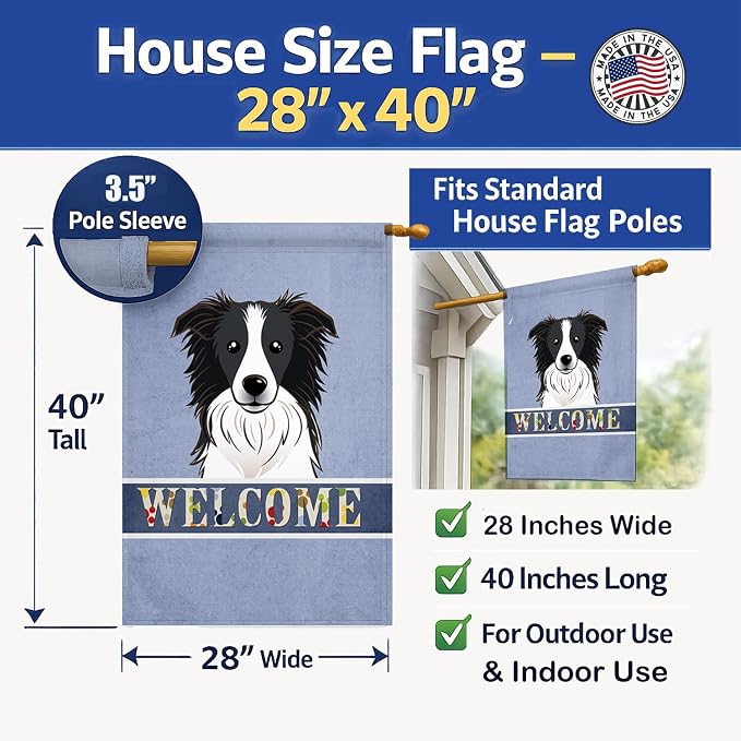Caroline's Treasures BB1427CHF Border Collie Welcome House Flag, Blue Large Porch Sleeve Pole Decorative Outside Yard Banner Artwork Wall Hanging, Polyester, House Size, Multicolor