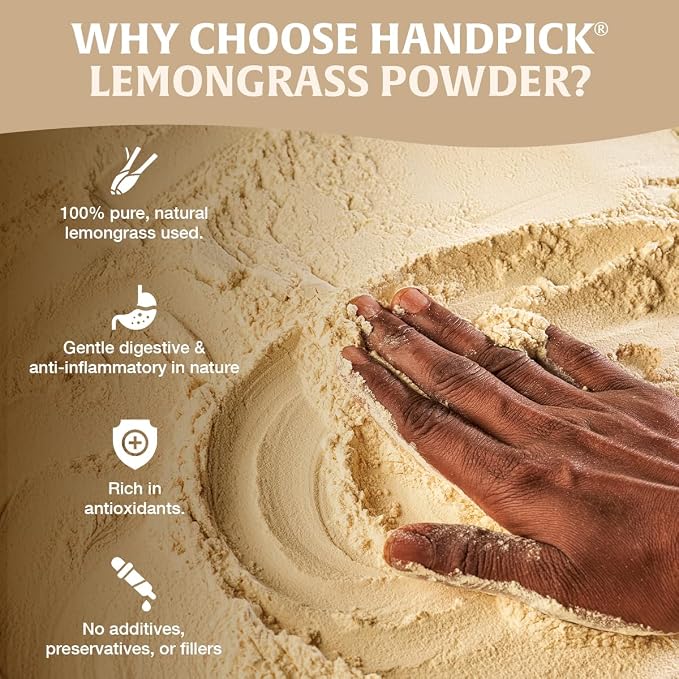 HANDPICK Lemongrass Powder (226g/8oz) Non GMO, Gluten Free, 100% Raw, Sourced from India, For Cooking, Smoothies, Tea, Packed in Resealable Ziplock Pouch (Packaging may vary)