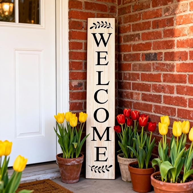 Farmhouse Wooden Welcome Sign Stand for Front Door, 47" Large Welcome Sign for Front Porch, Rustic Vertical Tall Porch Leaner Decor for Outdoor Patio Garden