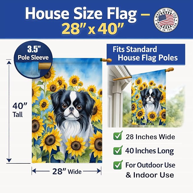 Caroline's Treasures DAC6103CHF Japanese Chin in Sunflowers House Flag Large Porch Sleeve Pole Decorative Outside Yard Banner Artwork Wall Hanging, Polyester, House Size, Multicolor