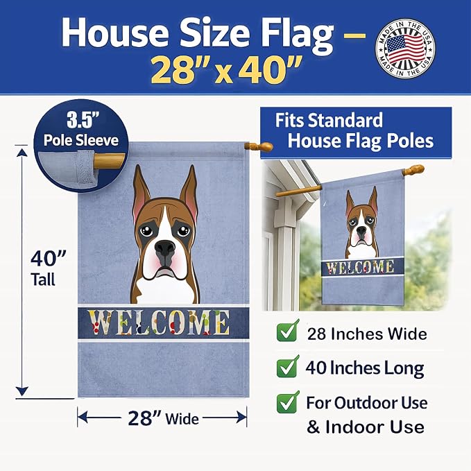 Caroline's Treasures BB1409CHF Boxer Welcome House Flag, Blue Large Porch Sleeve Pole Decorative Outside Yard Banner Artwork Wall Hanging, Polyester, House Size, Multicolor