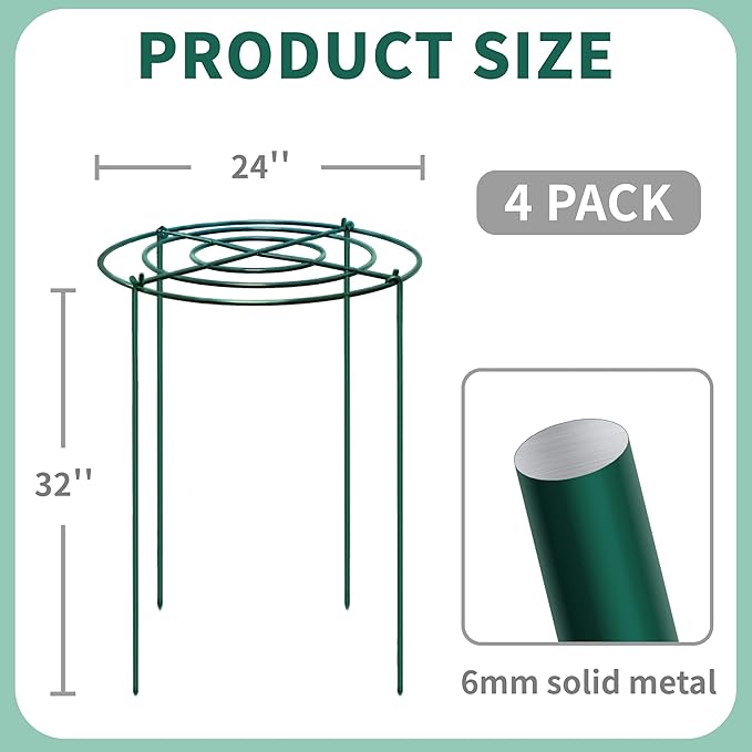 4 Sets Peony Support Cage,24"Diax32"High Heavy Duty Metal Plant Support,Grow Through Hoops Grids with 4 Thickened 6mm Legs,Strong Support Brace for Heavy Blossoms,Flower Support Ring for Peonies,Rose