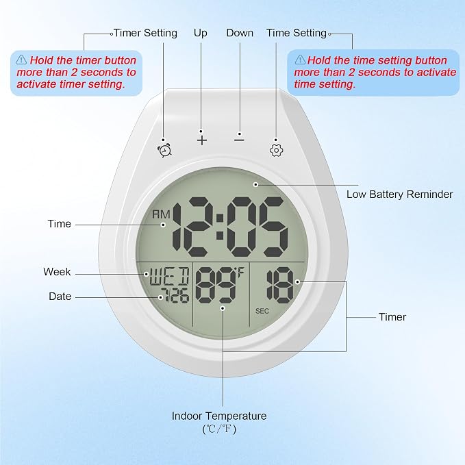 Shower Clock w/Timer Waterproof, Digital Bathroom Wall Clock w/Temperature | w/Date, Suction Cup, for Mirror, Bath, Kitchen, Battery Operated, White