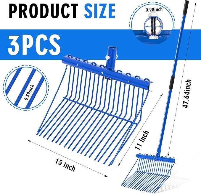 Lasnten 3 Sets Manure Fork with Long Handle, All Metal Head & Handle, Pitch Fork Manure Rake Heavy Duty Dustproof Muck Rake for Gardening Horse Stable Grass Hay Cleaning Farm Work (Blue)