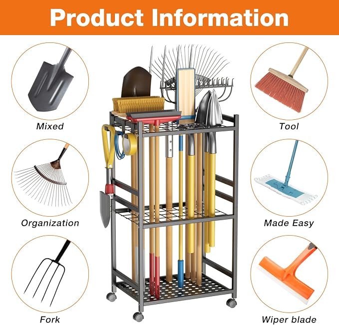 Garden Tool Organizer with Wheels, Heavy-Duty Yard Tool Rack with 3 Side Hooks, Holds Up to 40 Long-Handled Tools, Metal Garage Tool Storage for Lawn & Outdoor Organization