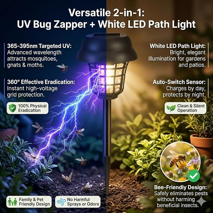 4 Pack Solar Bug Zapper Outdoor Waterproof Mosquito Repellent Outdoor Patio Mosquito Trap & Killer for Moths, Gnats, Flies, Small Flying Insect, Solar Powered Fly Zapper for Garden, Patio, Backyard
