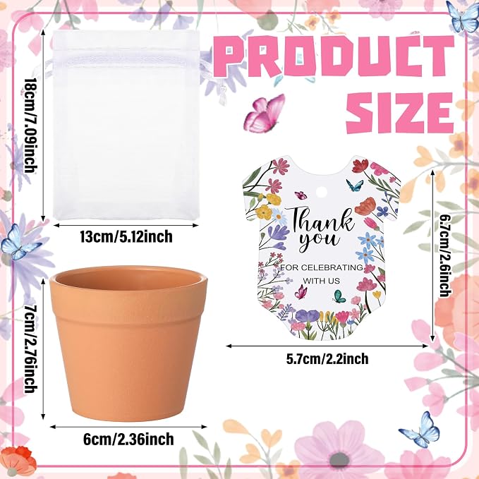 Ctosree 50 Sets Wildflower Baby in Bloom Baby Shower Seed Packets Favors for Guests Include Self Adhesive Seed Packets (No Seeds) Clay Plastic Flowerpot Thank You Tags Hemp Rope Organza Gift Bags