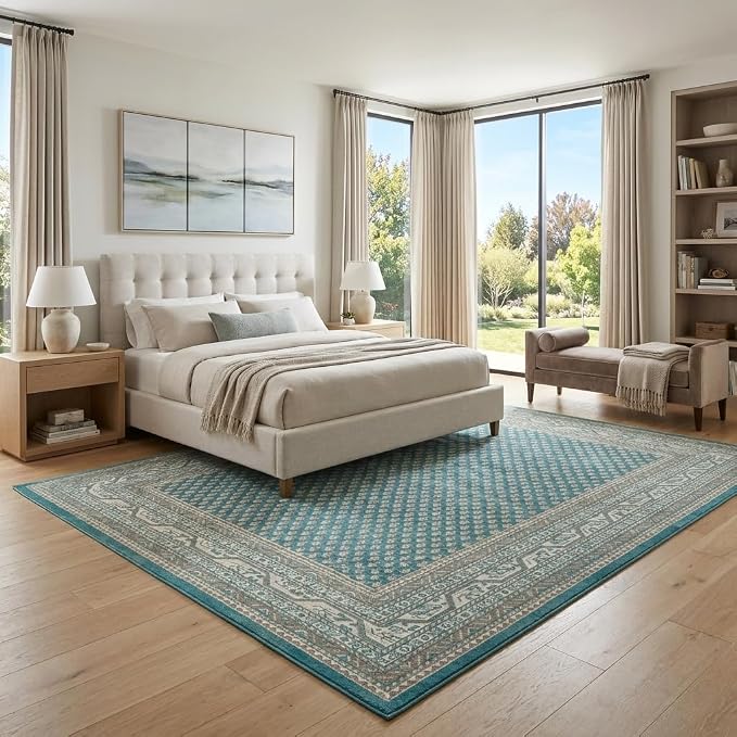 Unique Loom Williamsburg Collection Traditional Border with Dotted Center Area Rug, Rectangular 7' 1" x 10' 0", Teal/Beige