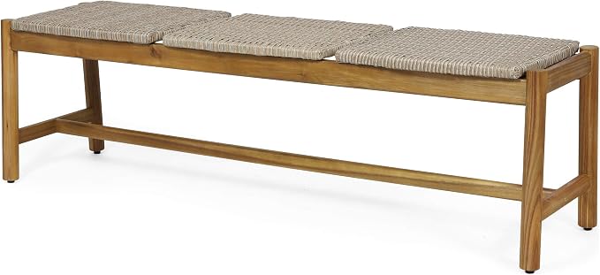Christopher Knight Home Phoebe Outdoor 3 Seater Wicker Bench, Teak Finish, Light Gray