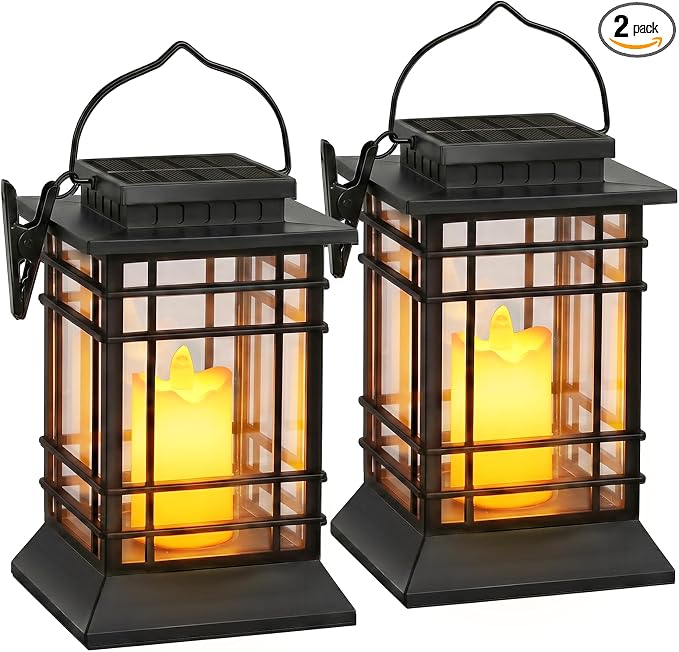Brightever 2-Pack Hanging Solar Lanterns Outdoor Waterproof, Lanterns Decorative Outdoor with LED Flameless Candle, Dual Modes (Flicker & Steady On), Solar Lantern Lamp for Patio Yard Table Garden