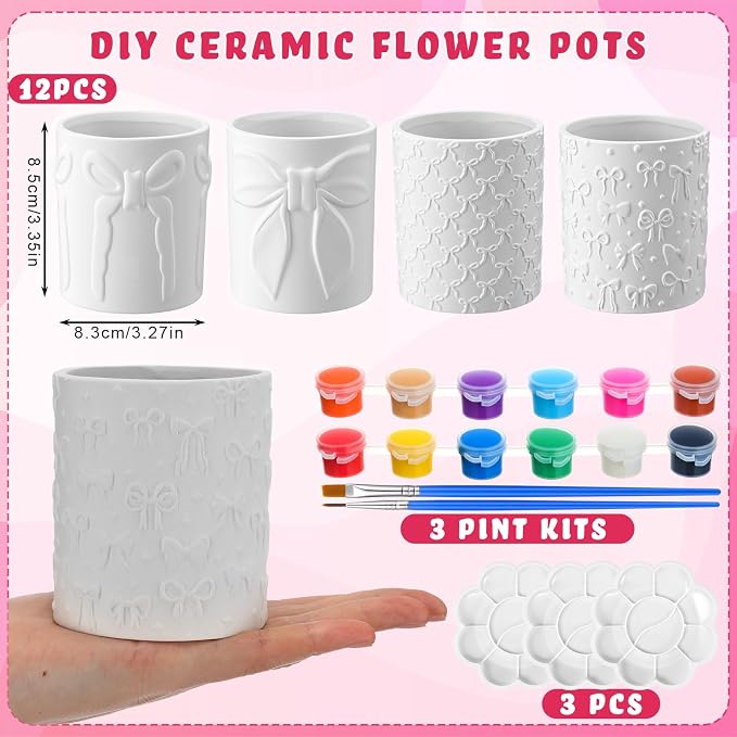 Zubebe 12 Pcs Paint Your Own Flower Ceramic Pots with Drainage Hole, 4 Style Pink Bow Unfinished Succulent Pots Painting Kit Mini Paintable Vase for Bow Party Craft Gift Girls Night DIY Art Activity