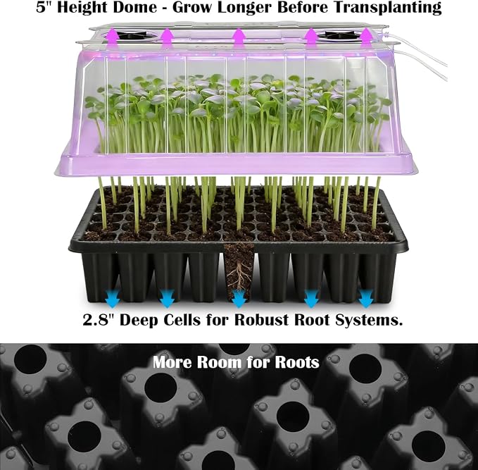Seed Starter Tray with Grow Lights, 3-Pack 54 Cell Seedling Starter Kit, 5" Tall Humidity Dome & 2.8" Deep Cells, 96-LED Full Spectrum Plant Light with Timer/Dimmable, Reusable Germination Station