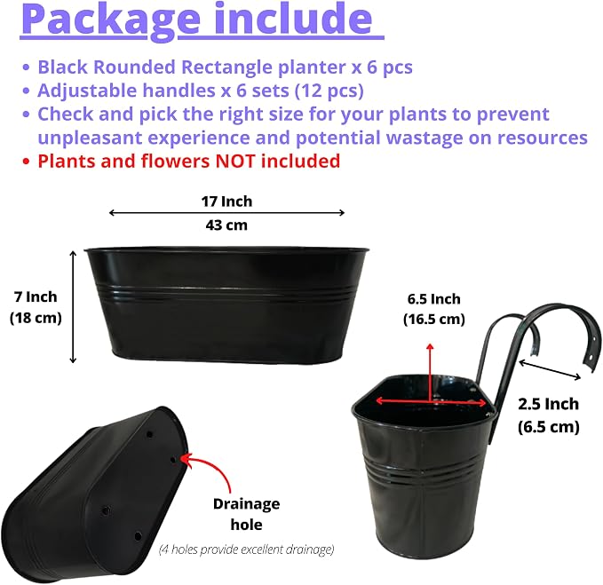 LaLaGreen Deck Railing Planter Box (17 Inch, 6 Pack) Large Black Metal Window Flower Boxes Outdoor, Hanging Planters Plant Holder Hooks Fence Rail Buckets Garden Boho Style Wall Mount Porch Herb Decor
