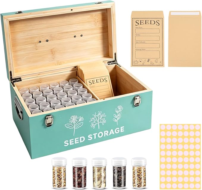 60 Slots Seed Storage Organizer, Bamboo Seed Saving Box with Lid and Safety Locks, Seeds Storage Container with 60 Seeds Envelopes and 64 Label, Perfect for Flower Plants Garden