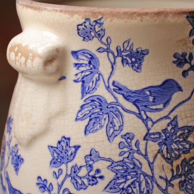 English Country Ceramic Multifunctional Planter, 6.7 Inch Vintage Flower Pot with Drainage Hole, Rustic Chinoiserie Vase & Utensil Holder, Farmhouse Kitchen Garden Decor, Housewarming Gift (Blue Bird)