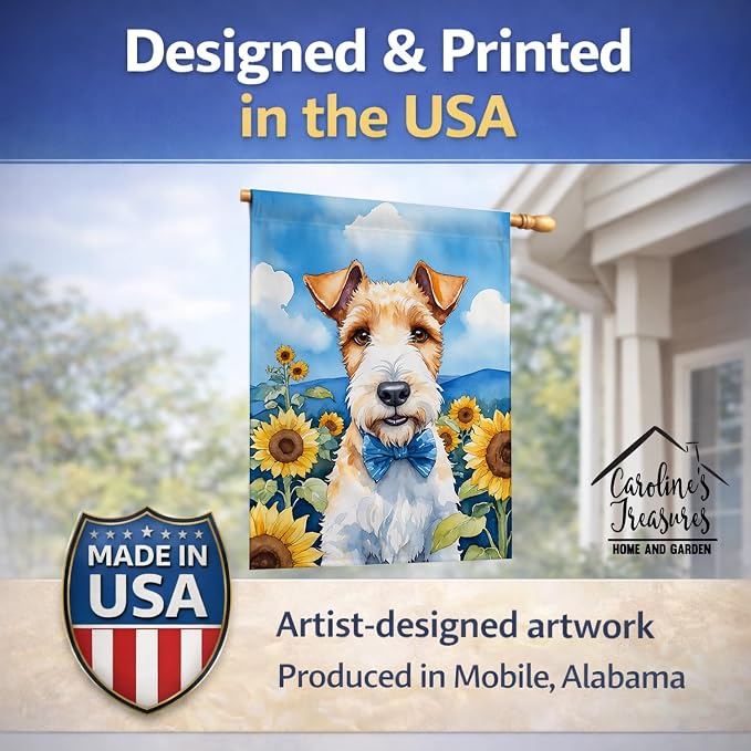 Caroline's Treasures DAC6079CHF Fox Terrier in Sunflowers House Flag Large Porch Sleeve Pole Decorative Outside Yard Banner Artwork Wall Hanging, Polyester, House Size, Multicolor