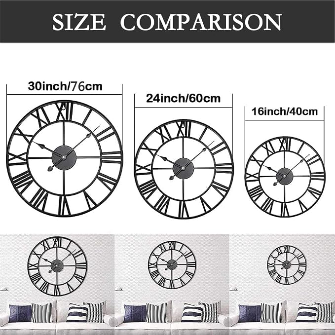 Large Outdoor Indoor Waterproof Metal Wall Clock, Completely Silent, 24 inch Roman Numerals Vintage Art Decor Modern Clocks, Mid-Century Battery Operated Home Decorative for Kitchen,Bedroom,Office