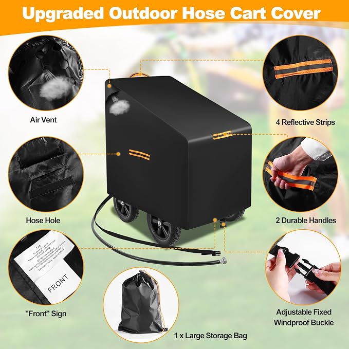Hose Reel Cart Covers for Outside,Heavy Duty 420D Hosepipes Cover for Garden with Air Vent,Waterproof Strip,2 Reflective Strip Handles,Univeral Protective Hose Holder Cover,All Season Protection