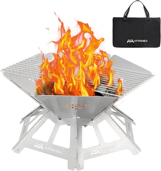 21" Portable Outdoor Fire Pit with Charcoal Grill Net & Storage Bag | 0.8mm Thick Stainless Steel, For Patio, Backyard BBQ, Camping & Beach Bonfires