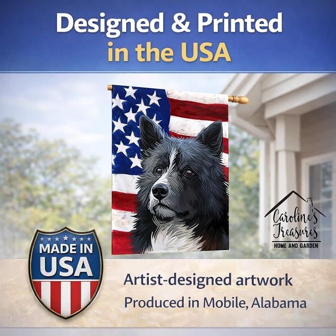 Caroline's Treasures CK6586CHF Karelian Bear Dog American Flag House Flag Large Porch Sleeve Pole Decorative Outside Yard Banner Artwork Wall Hanging, Polyester, House Size, Multicolor