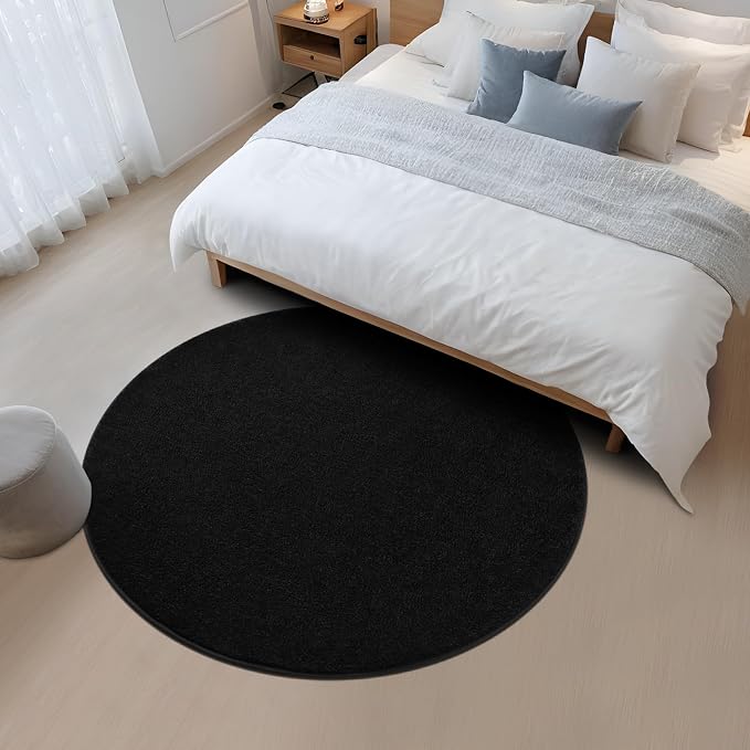4' Black Round Area Rug Modern Solid | Washable Memory Foam, Low Pile Non Slip Indoor Carpet for Living Room Bedroom Office Classroom College Dorm Room Home Decor