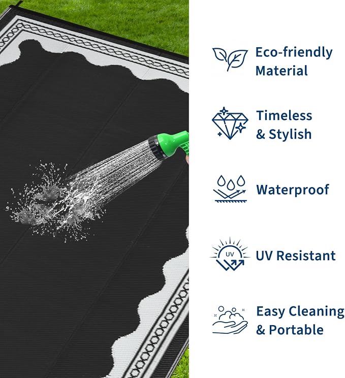 Garvee Outdoor Rug 5x8 Scalloped Waterproof Patio RV Outdoor Rugs Reversible Foldable Plastic Straw Rug Modern Camping Carpet for Deck Camper Porch Balcony Backyard Picnic Beach Black and White