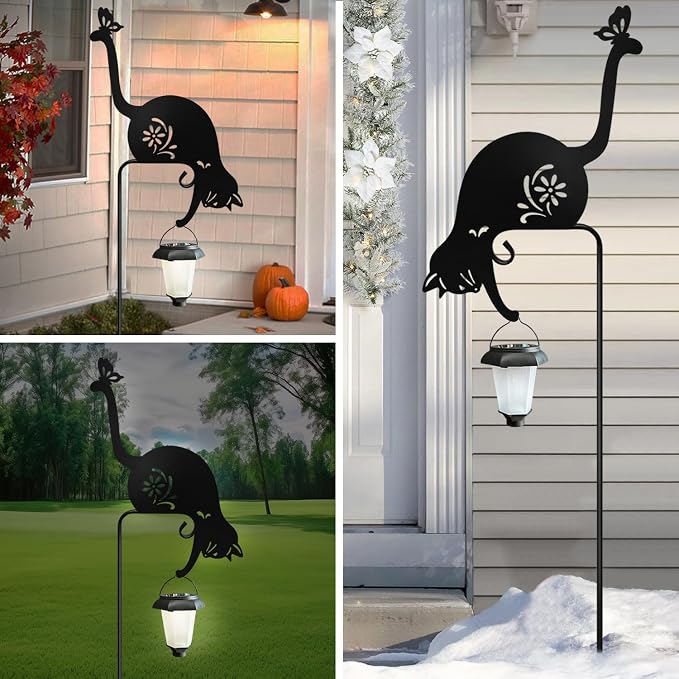 Cat Solar Lights Outdoor Garden, Black Cat Garden Statue,Black Cats Outdoor Decorations with Solar Lantern
