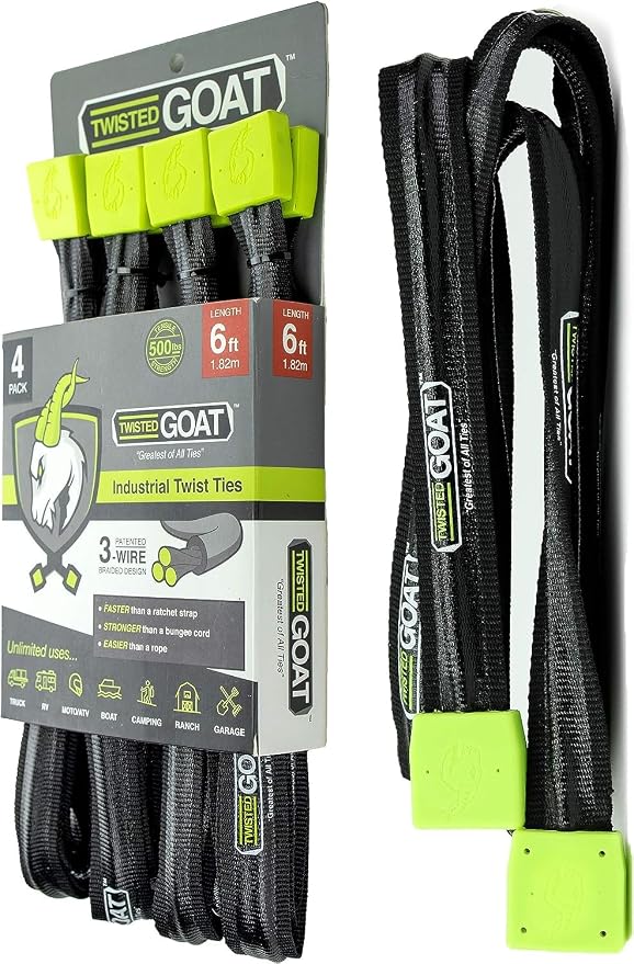 Twisted Goat Industrial Twist Ties - Heavy Duty Reusable, Flexible Ties for Securing Cargo, Transporting Goods on Roof Rack, Hanging Hammocks, Organizing Camping Gear, and More! (6 ft 4 pack)