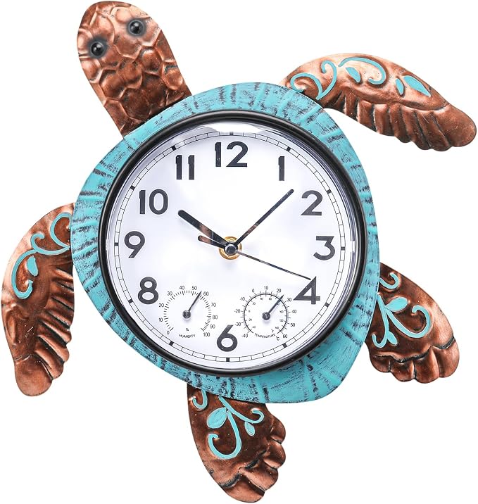 MUMTOP Turtle Outdoor Clock Waterproof, 12.6 Inch Outside Wall Clock with Thermometer Combo for Patio Pool Garden Home Decor