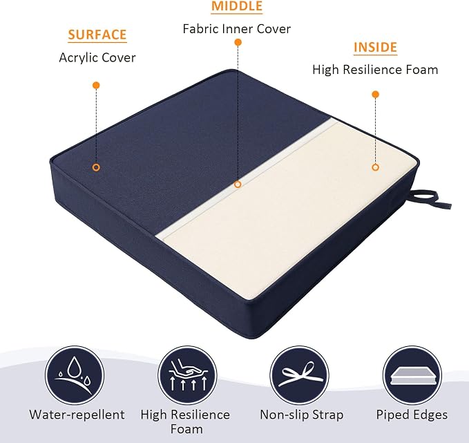 Sunbrella Square Corner Seat Cushions, 19" x 19" x 3", Set of 4, Indoor Outdoor Water Repellent Universal Chair Pads with Ties for Patio Furniture, Garden Deck Dining Chairs, Canvas Navy Blue