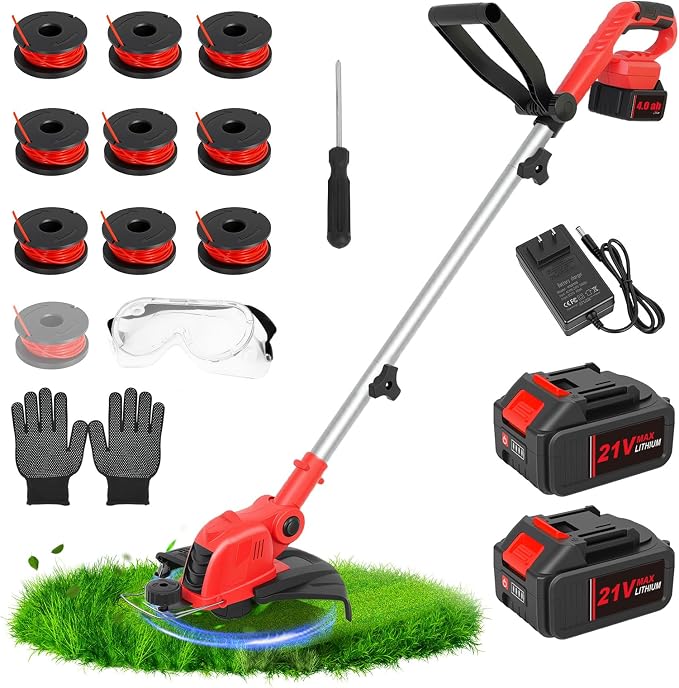 21V Weed Wacker Cordless String Trimmer with 2x4.0Ah Batteries & Fast Charger, 12" Automatic Feed Grass Trimmer, 2-in-1 Electric Weed Eater for Garden Edge Lawn Tool