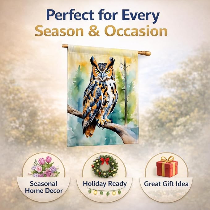 Caroline's Treasures Great Horned Owl House Flag Large Porch Sleeve Pole Decorative Outside Yard Banner Artwork Wall Hanging, Polyester, House Size, Multicolor