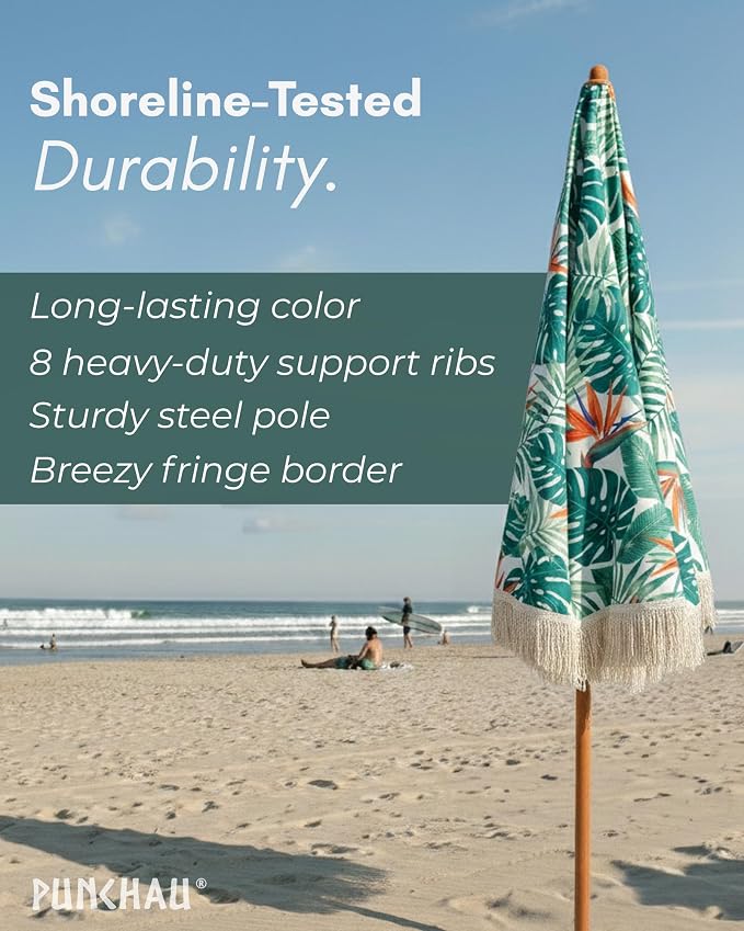 6 Ft Fringe Patio Umbrella - Outdoor Umbrella for Patio, Pool, Table, Garden, Deck, Beach, and Outdoors - Fashionable Boho Vintage Tassels & Wood Print - Push Button Tilt Pole