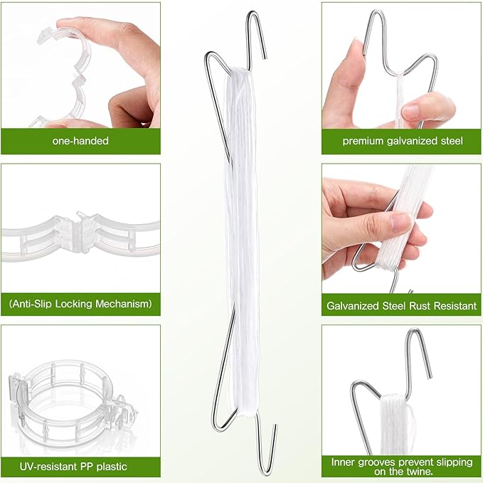 Hushee 100 Pack Tomato Hooks with 200 Garden Clips & 32.8ft String, Tomato Hooks for Climbing Plants, Heavy Duty Plant Support Kit for Greenhouse, Vegetable Plant Fruit Flower