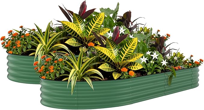 Garvee 2 Pack 10x4x1.5ft Galvanized Raised Garden Bed Kit, Oval Metal Planter Boxes with Anti-Cut Safety Edges, Rust-Resistant Deep Root Planters for Outdoor Vegetables, Flowers, Herbs, Green