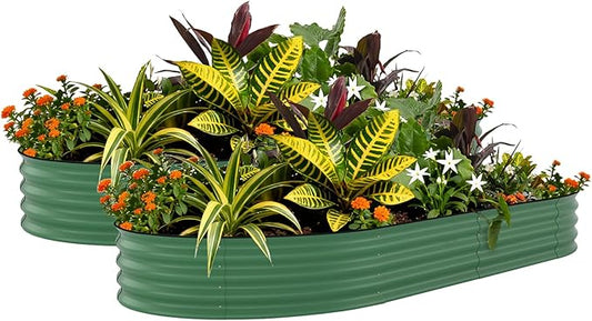 Garvee 2 Pack 10x4x1.5ft Galvanized Raised Garden Bed Kit, Oval Metal Planter Boxes with Anti-Cut Safety Edges, Rust-Resistant Deep Root Planters for Outdoor Vegetables, Flowers, Herbs, Green
