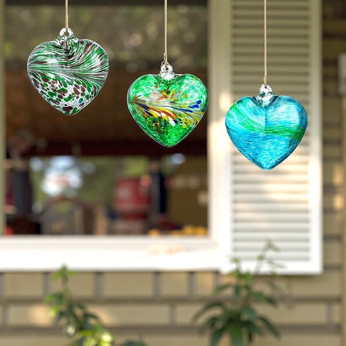 Set of 3 Blown Glass Heart Ornaments Hanging Green Gazing Balls for Outdoor | Hand-Blown Craftsmanship, Easy-Hang Lanyard Design for Indoor & Outdoor Hanging