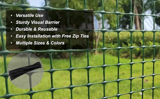 PotatoLife Plastic Hardware Mesh Netting, Temporary Fence, Tree Guards, Staircase Banister, Animal Barrier, Garden Netting, Poultry, with 50 Zip Ties (Green, 24'' x 25')
