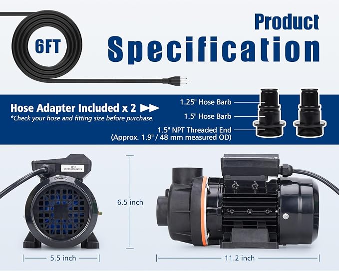 1/4 HP Above Ground Pool Pump Replacement, 2220 GPH High Flow 115V Corded Pool Filter Pump for Existing Sand Filter Setups, Swimming Pool Circulation Pump with 1.25/1.5 in Hose Adapters